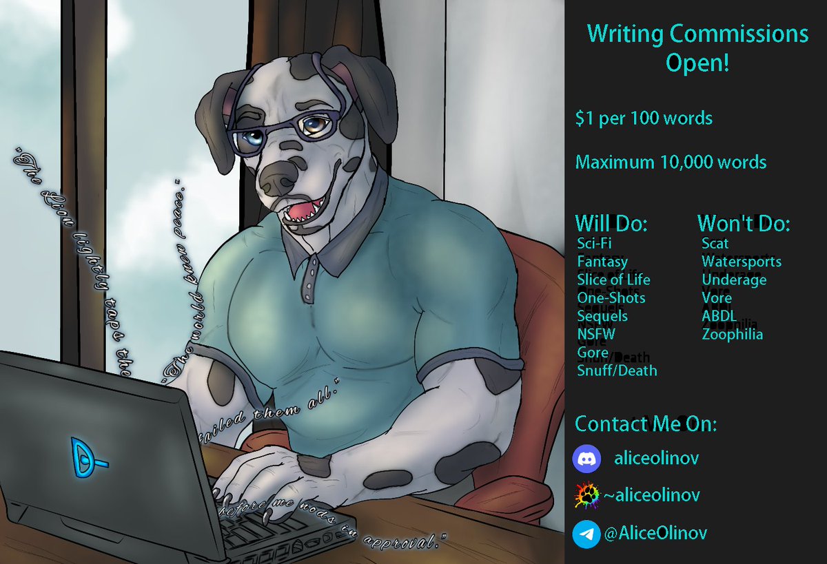 I am starting writing commissions!

I'll be taking 3 slots for now, DMs are open!

(Also, art itself by the awesome <a href="/Lwitch7/">Lwitch - Open comms!!</a>)