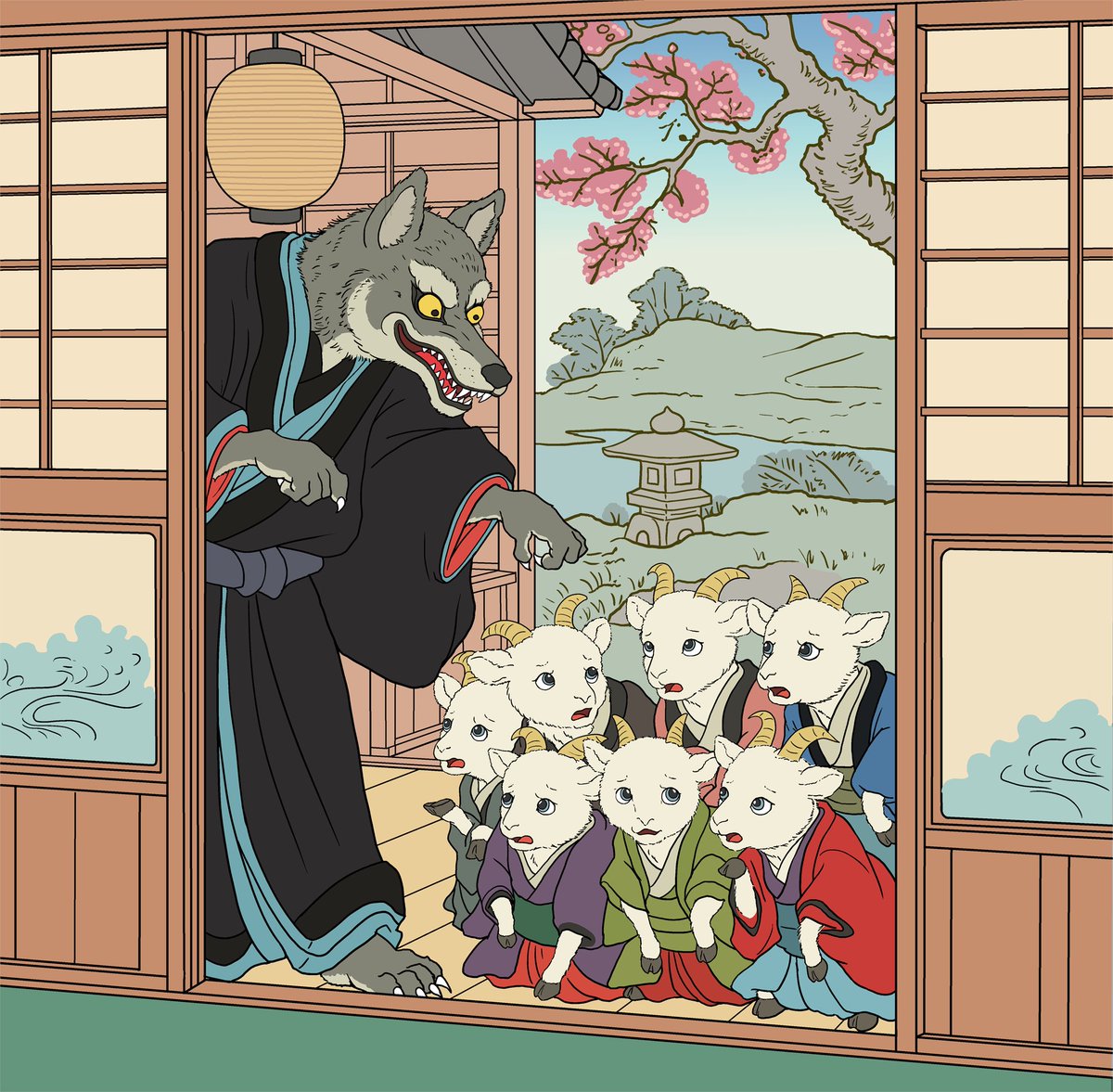 日本画の浮世絵が好きなので～たまには趣味全開で浮世絵風な「オオカミと七匹の子ヤギ」
I love Japanese ukiyo-e paintings, so I tried my hand at creating a ukiyo-e-style version of “The Wolf and the Seven Little Goats.”