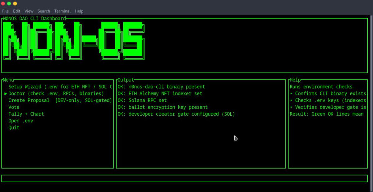 NØNOS (@nonos_eth) on Twitter photo Later today we are releasing v1 of the NØNOS DAO CLI and Dashboard.
This project delivers a zero-trust, backend-less, cross-chain governance framework designed for communities that require verifiable, censorship-resistant coordination.
The CLI enables:
Creation and notarization Later today we are releasing v1 of the NØNOS DAO CLI and Dashboard.
This project delivers a zero-trust, backend-less, cross-chain governance framework designed for communities that require verifiable, censorship-resistant coordination.
The CLI enables:
Creation and notarization