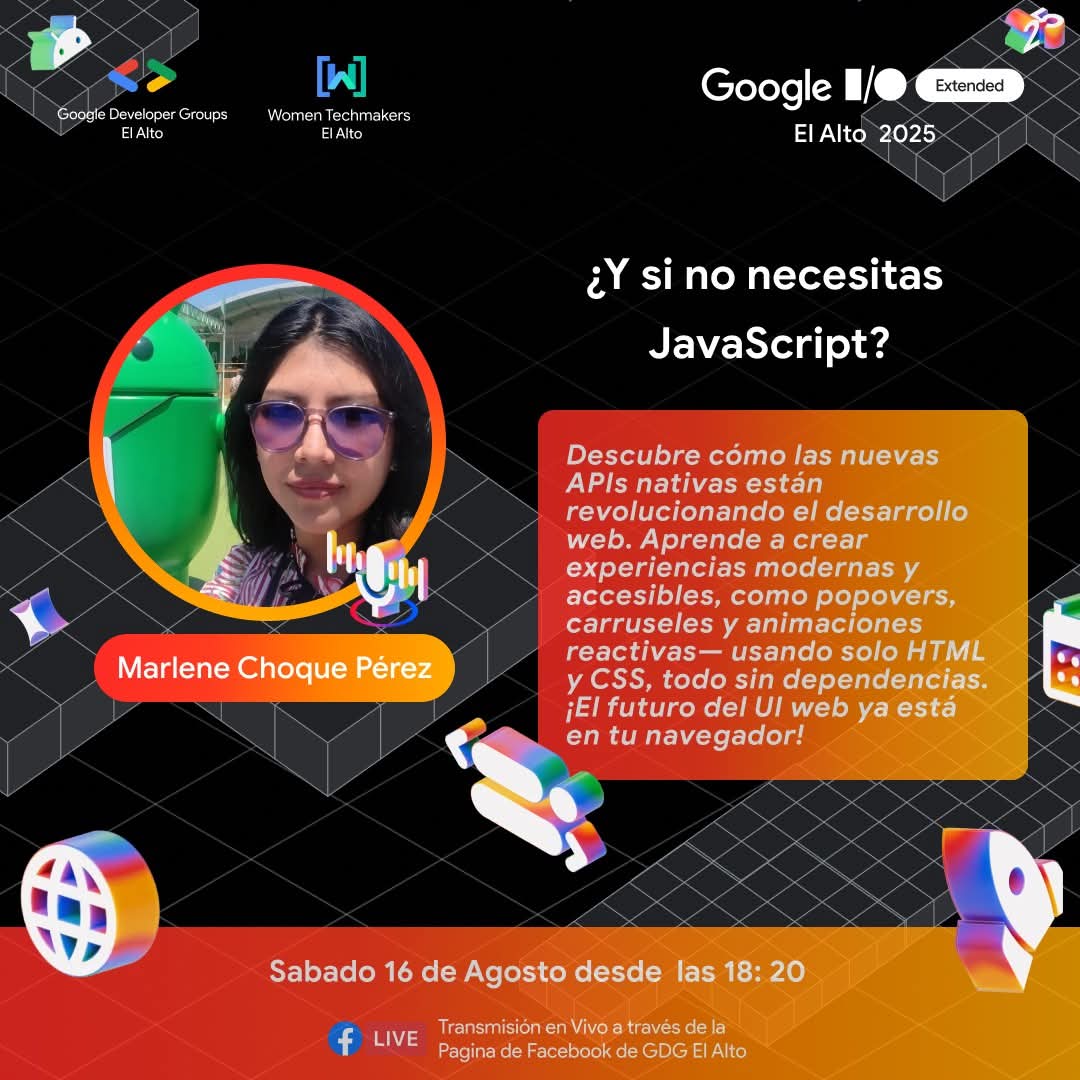 GDGElAltoDev's tweet photo. 🚀 ¿Y si no necesitas JavaScript? 🚀

💡 Descubre el nuevo UI declarativo del I/O 2025

📍Marlene Choque Pérez
Ingeniera de sistemas y desarrolladora frontend, activa en comunidades como WTM, GDG Tarija, AWS Bolivia y CAOSBO. Amante del aprendizaje continuo, la comunidad tech https://t.co/b5buTs8wR3