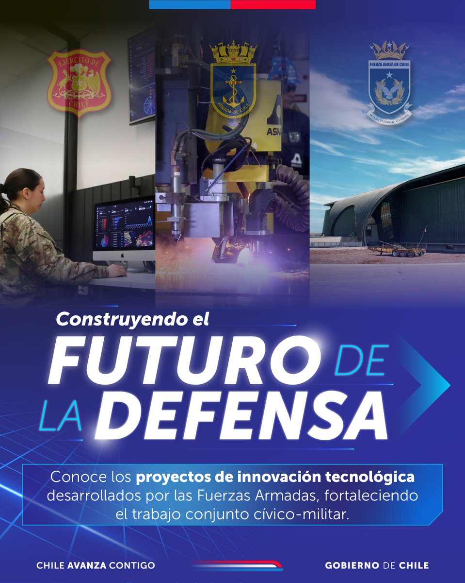 mindefchile's tweet photo. ¡Construyendo el futuro de la Defensa! 🇨🇱 
Fuerzas Armadas más fuertes, impulsando tecnología de punta y colaborando con el desarrollo del país. Eso representan estas tres iniciativas clave: https://t.co/75VxaQioPo
