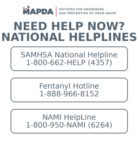 MAPDA_mom's tweet photo. You are not alone. Support is here. 
If you or someone you know is struggling, help is just a call away.

National Helplines
📞 SAMHSA: 1-800-662-HELP (4357)
📞 Fentanyl Hotline: 1-888-966-8152
📞 NAMI: 1-800-950-NAMI (6264) 

#MAPDA #TheGreatestGiftIsAConversation #EndOverdose #OpioidAwareness #YouAreNotAlone #HelpIsHere #FentanylAwareness #PreventionSavesLives