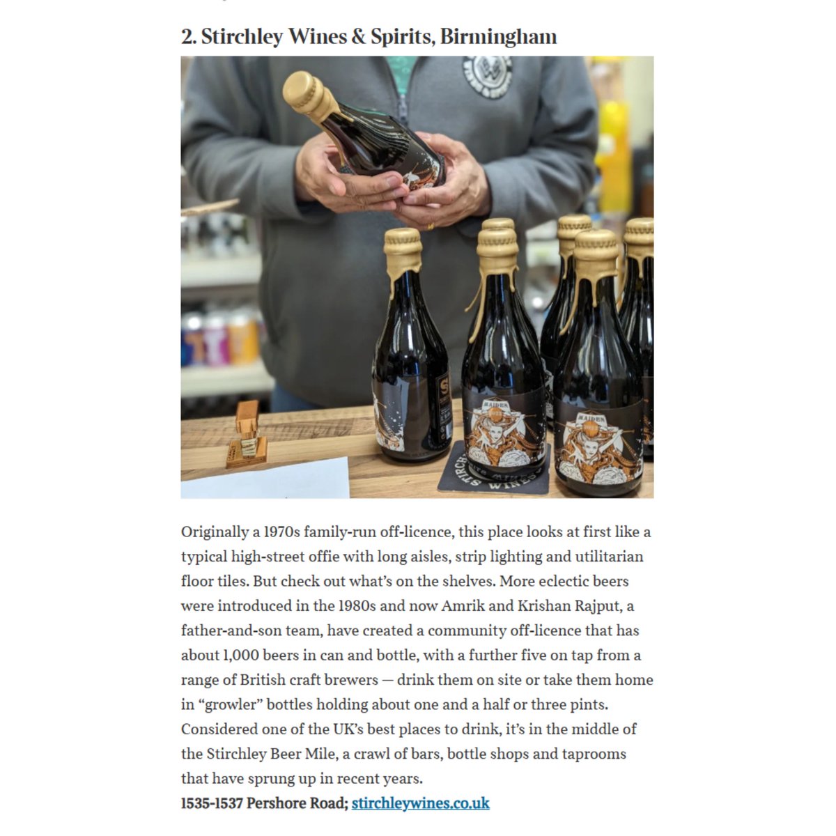 StirchleyWines's tweet image. You know when you&apos;re doing something right when @PeteBrownBeer includes you in his list of the UK&apos;s best independent beer shops! It&apos;s a thrill to be recognised especially when our favourite bottle shops are also listed.
The full rundown will appear in tomorrow&apos;s Sunday Times Mag.