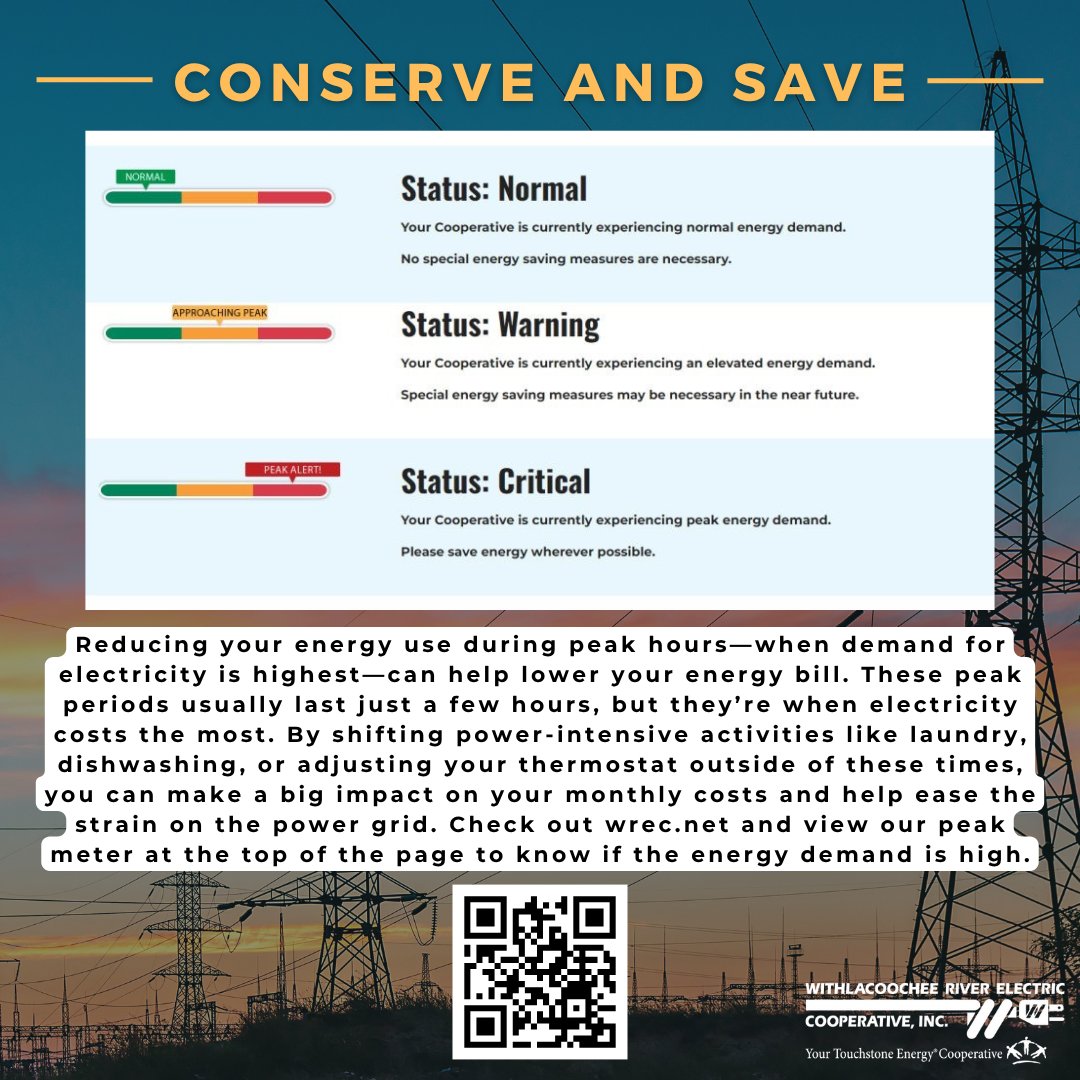 ⚡️ Conserve &amp; Save Alert! 🌡️

With high temperatures continuing across the area, energy use will be high again today—and we could use your help! Join us in our Conserve &amp; Save effort by reducing energy use during peak hours.

Together, we can ease the strain on the grid!