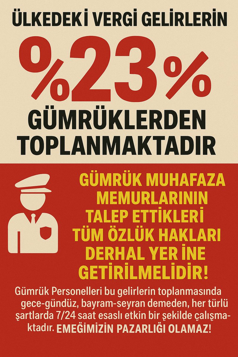 Gümrük Muhafaza Memurlarınin Emekleri Pazarlık Konusu OLAMAZ!!!

Talep ettikleri tüm Özlük Hakları mutlaka yerine getirilmelidir!!!

#1000TLyeNeEder  #MemurHakkınıİstiyor 
#GümrükMuhafaza

<a href="/_aliyalcin_/">Ali YALÇIN</a> <a href="/BuroMemurSen_/">Büro Memur-Sen</a>
<a href="/memetsimsek/">Mehmet Simsek</a>  <a href="/isikhanvedat/">Prof. Dr. Vedat Işıkhan</a>
