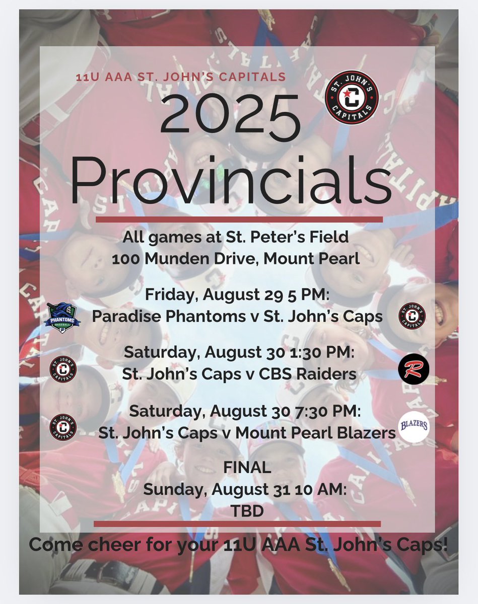 The 2025 Provincials are around the corner! 

All Provincial Championship games will be at St. Peter’s Field in Mount Pearl 🎉

The Provincial Champions will represent NL at the Baseball Atlantic Championship in New Brunswick! 

We are SO hyped for Provincials!

<a href="/baseballstjohns/">Baseball St. John's</a>