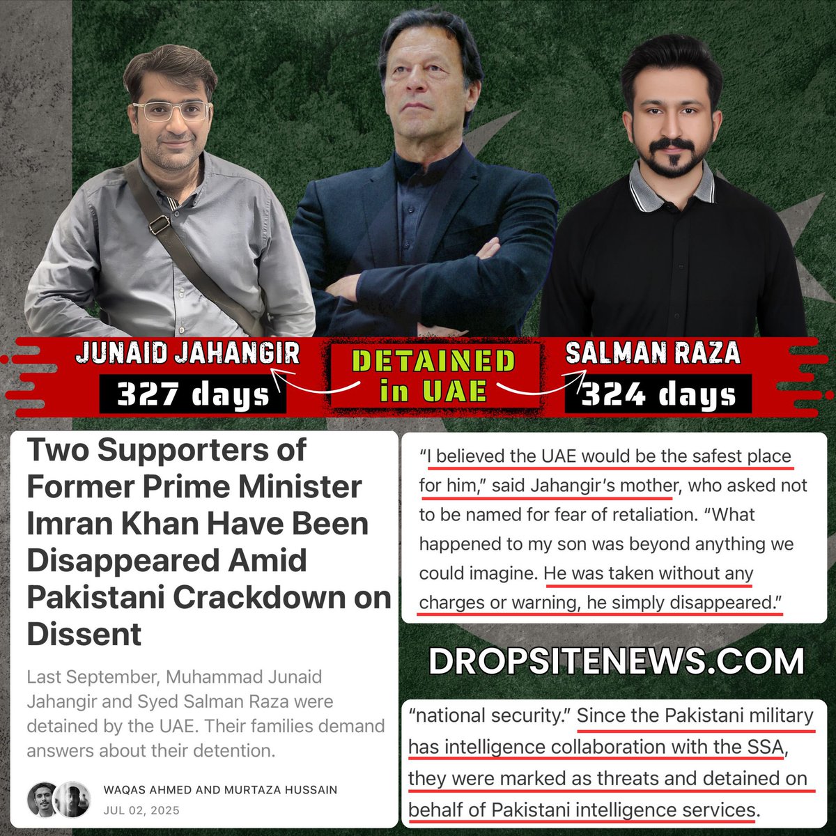 About 325 days since Salman Raza and Junaid Jahangir detained by UAE law enforcement authorities at the request of Pakistan’s law enforcement authorities. They have not broken any law, it’s political victimization for supporting Imran Khan! 

Requesting <a href="/UAEmediaoffice/">UAEGOV</a> <a href="/OFMUAE/">OFM</a> to