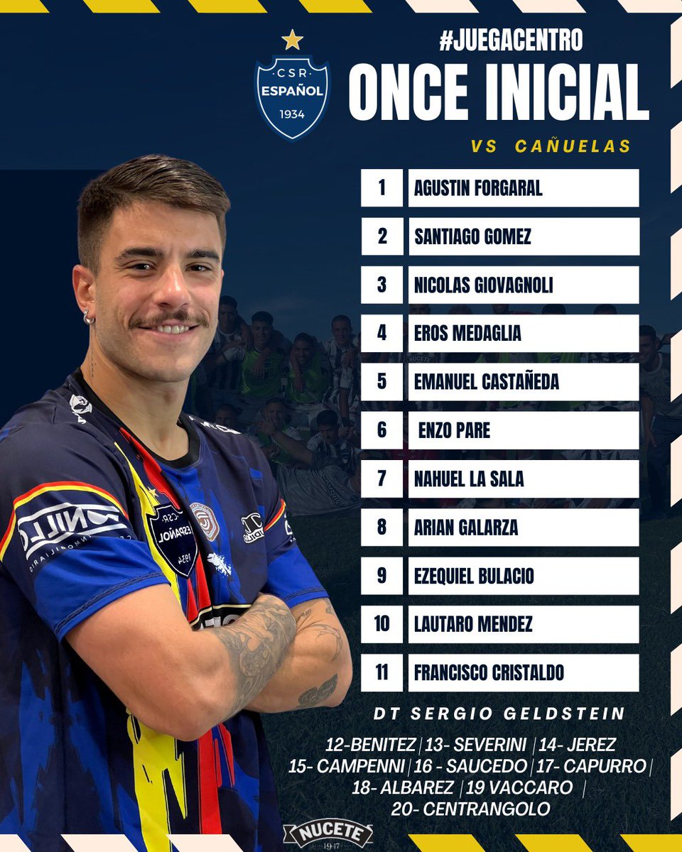 Estos son los 11 elegidos por Sergio Geldstein para enfrentarse a Cañuelas , por la fecha 22 de la Primera C - 🔵⚪️.

#VamosCentro #CentroEspañol #primerac