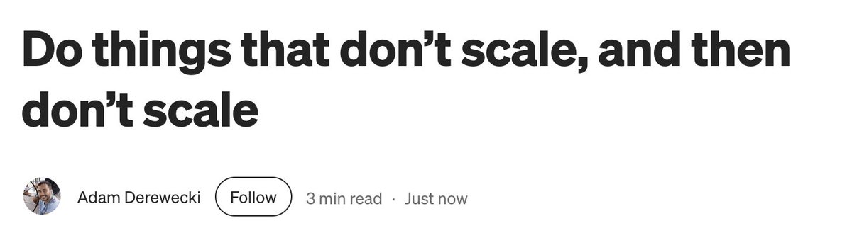 Este artículo me encantó

"Haz cosas que no escalen, y después, no las escales"

Es acerca de como hacer sideprojects que te interesen a ti sin pensar en el mercado, o como mantener un millón de users, etc

Disfrutar el proceso y el reto

derwiki.medium.com/do-things-that…