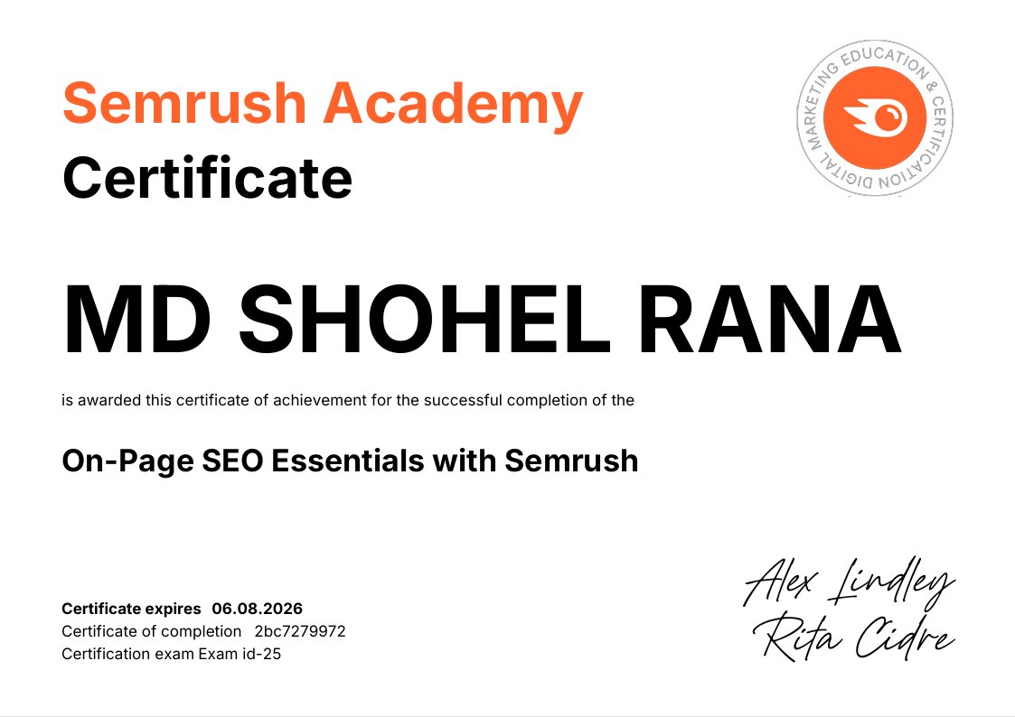 bdchohel's tweet photo. 📜 New Achievement Unlocked ✅
Completed: On-Page SEO Essentials – Semrush Academy 🚀
Level up in my SEO journey 💡💻✨

#SEO #OnPageSEO #DigitalMarketing #Certificate #MdShohelRana #Success #bdchohel https://t.co/hUfszOwgpk