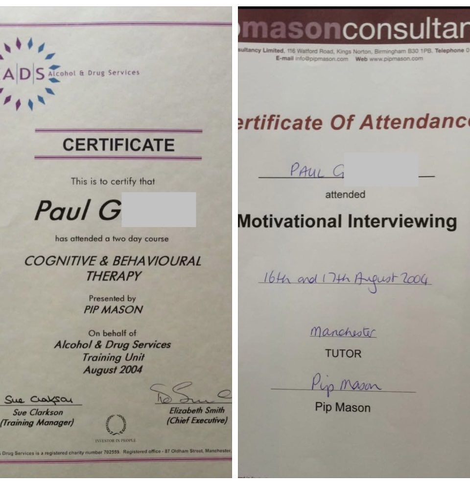 21 years ago. Refresher courses taken when I was planning to go back to being a Volunteer Alcohol Counsellor, with the (then) Alcohol &amp; Drug Services (ADS), but my full-time job
ultimately got in the way. Seems a lifetime ago. Can barely remember the courses. Or my job...