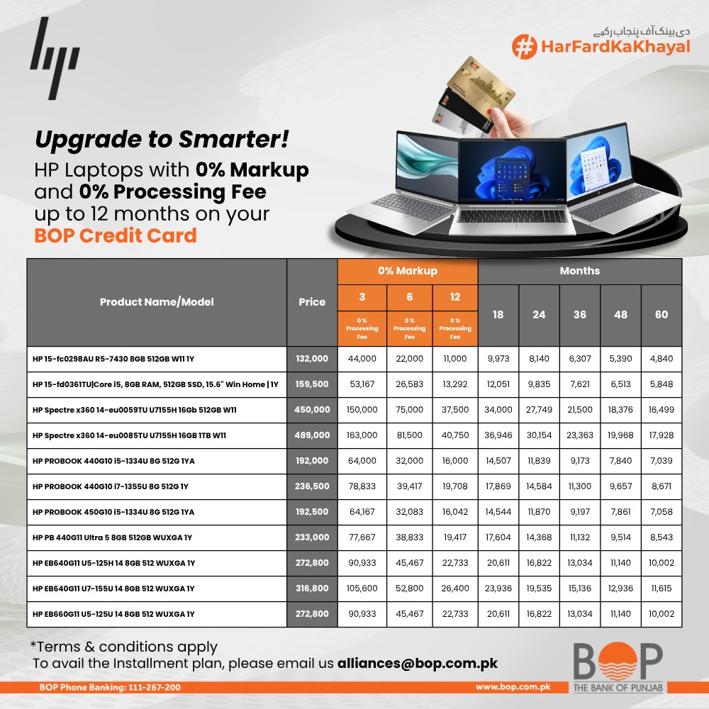 thebankofpunjab's tweet photo. Your dream HP laptop, now within easy reach! 💻✨

Enjoy 0% Markup &amp; 0% Processing Fee on installment plans up to 12 months with your BOP Credit Card.

#TheBankOfPunjab #HarFardKaKhayal #BOPCreditCard #digiBOP https://t.co/ttGr0czie9