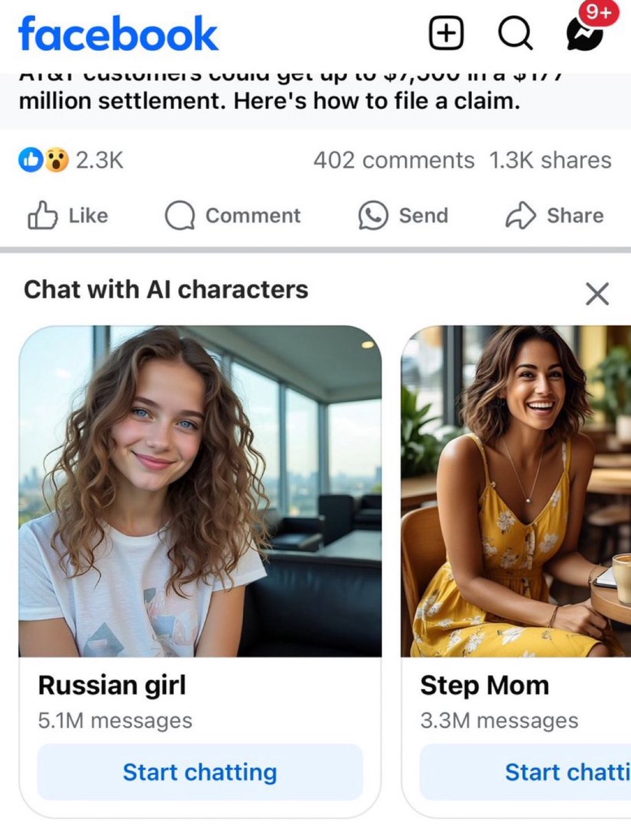 bearlyai's tweet image. Facebook went from follow your friends to follow Kim Kardashian to follow random viral content to follow AI Shrimp Jesus to send  3m messages to sexy AI Step Mom