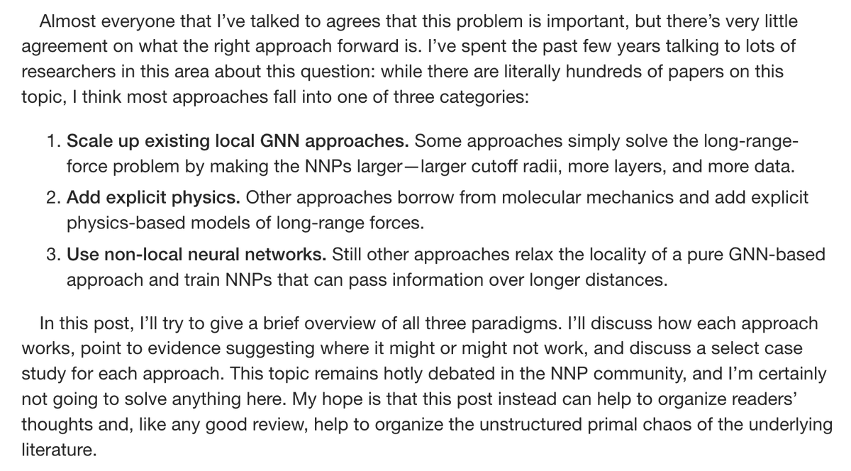 NNPs are becoming very accurate for gas-phase small molecules. But can current approaches scale to the condensed phase, or will scale inevitably create new challenges? 

Today on the blog, we review how scientists are incorporating long-range forces into NNPs.