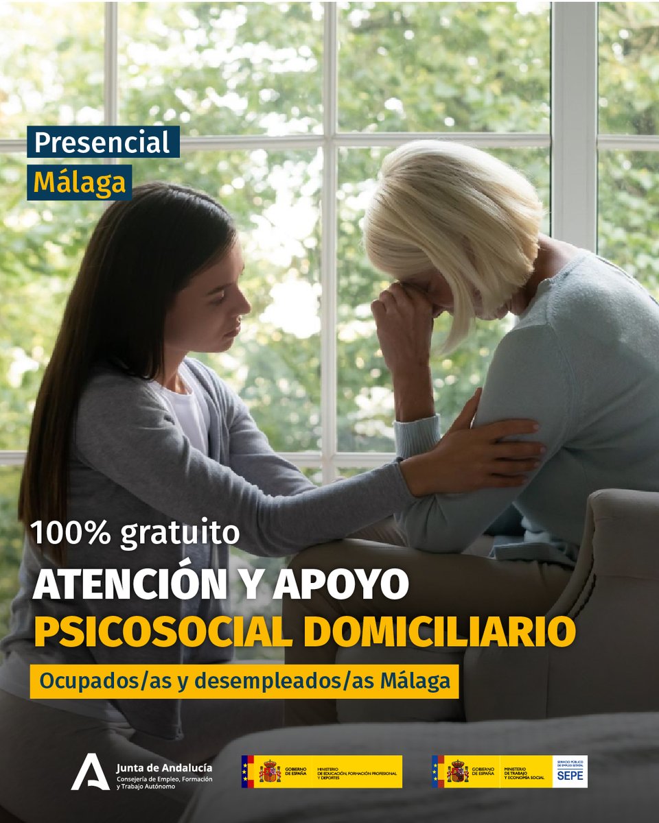 📍 #Málaga
📚 Atención y Apoyo Psicosocial Domiciliario.
👫 Ocupados/as y desempleados/as de Málaga.

Si estás interesad@ en esta formación o en alguna otra, déjanos tus datos en el siguiente formulario y te informaremos sin compromiso 🙂.
euroformac.eu/informame