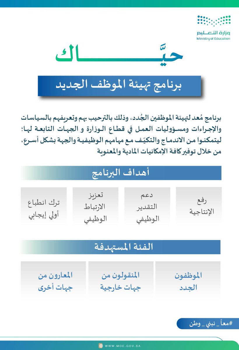 حيَّاك |
برنامج تهيئة الموظف الجديد، خطوة نوعية للترحيب بالكوادر الجديدة وتعريفهم بالسياسات والإجراءات، بما يسهم في رفع الإنتاجية وتعزيز الارتباط الوظيفي.
#معًا_نبني_وطن
#تعليم_جدة