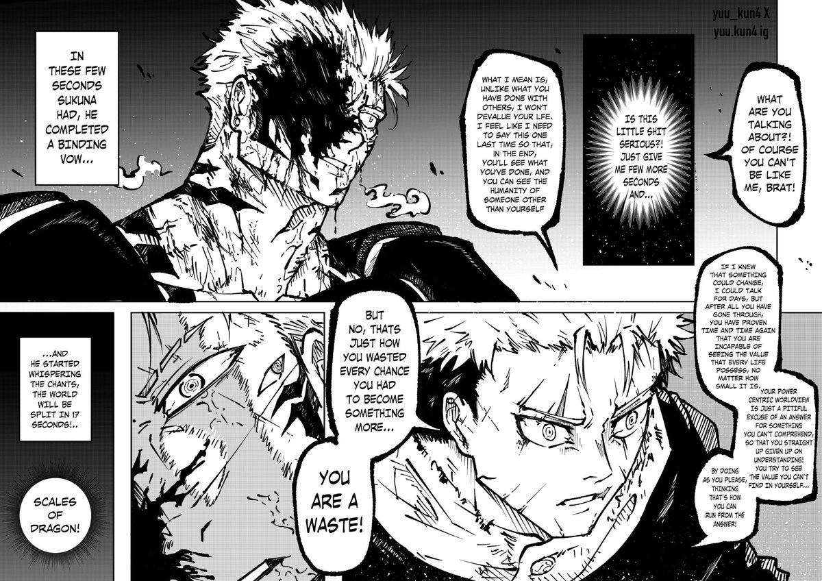 Chapter 7, Pages 3-4!! Yuji gives his final speech to Sukuna while he is in full control, but that gave him the last opportunity he needed, and Sukuna made a binding vow!! Last 17 seconds before this fight ends!!