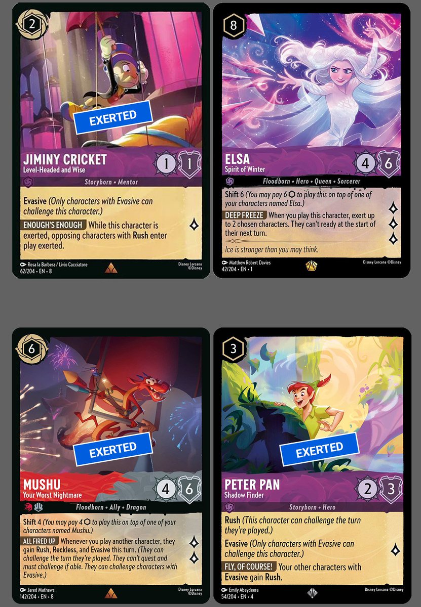 Let's do a Rulebook Quiz on Twitter today!

EllieO came up with this excellent nonsense for LRH's weekly quiz:

You have Mushu and Peter Pan in play. You opponent has an exerted Jiminy, and they play Elsa to exert your two characters.