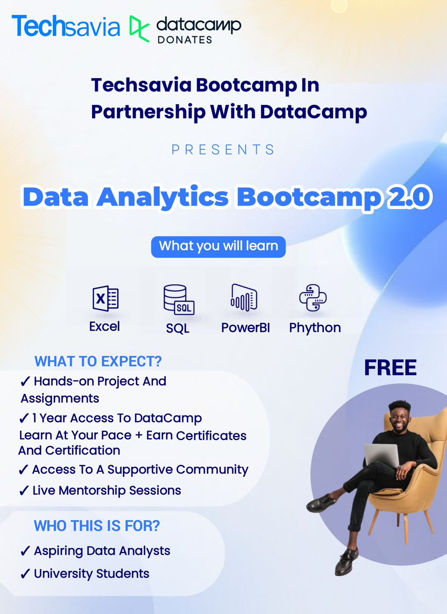 Techsavias's tweet image. Opportunity for university students and fresh graduates interested in learning Data Analytics.

📌 Limited spots – Register here: forms.gle/QFUsqAacpAGfEy…

⏳ Deadline: 24th Aug 2025