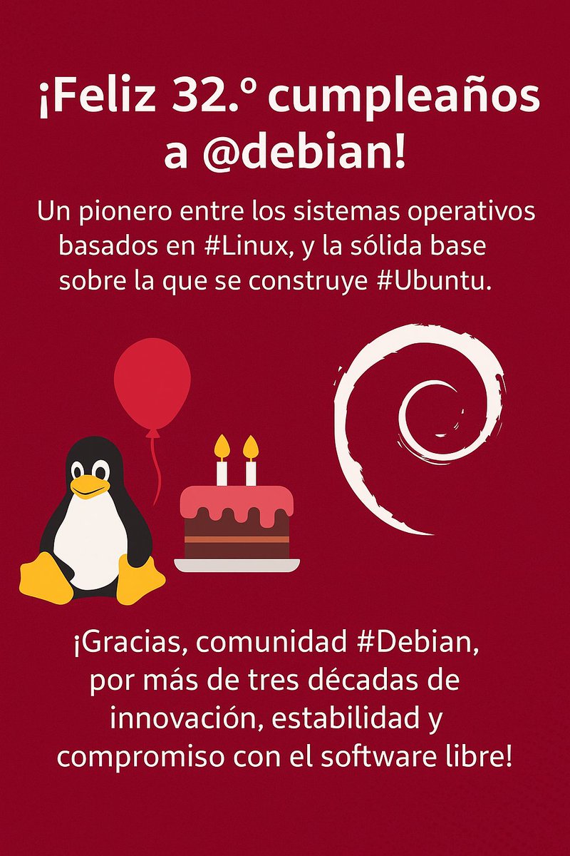 El equipo organizador de la 10.ª edición de #UbuConLA felicita con entusiasmo a toda la comunidad de #Debian por sus 32 años de innovación, colaboración y compromiso con el software libre. #DebianDay #FelizCumpleDebian  <a href="/ubuntuco/">Ubuntu Colombia</a> <a href="/ubuntu_ve/">Ubuntu Venezuela</a> <a href="/ubuntuecuador/">Ubuntu Ecuador</a> <a href="/linuxdominicana/">Linux Dominicana</a>