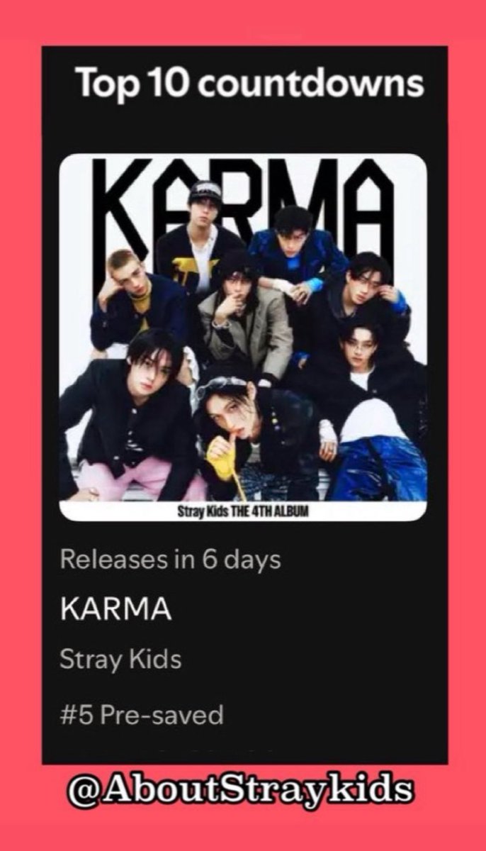 KARMA has drop back down to #5 on Spotify "Top 10 Countdowns", keep pre-saving with all your Spotify accounts stays! 

Spotify Pre-save 🔗 open.spotify.com/prerelease/7qb…