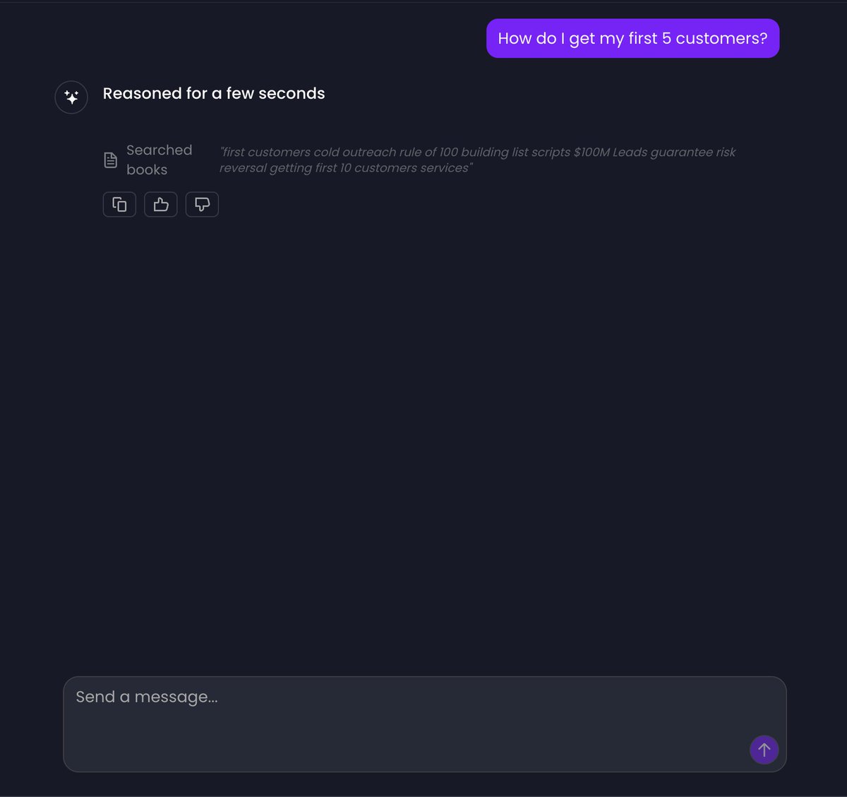 albright_dev's tweet photo. @AlexHormozi  seems to be an issue with the AI assistant.  Tried one of the suggested prompts and no results show up. 😢 https://t.co/aY10YHyq9d