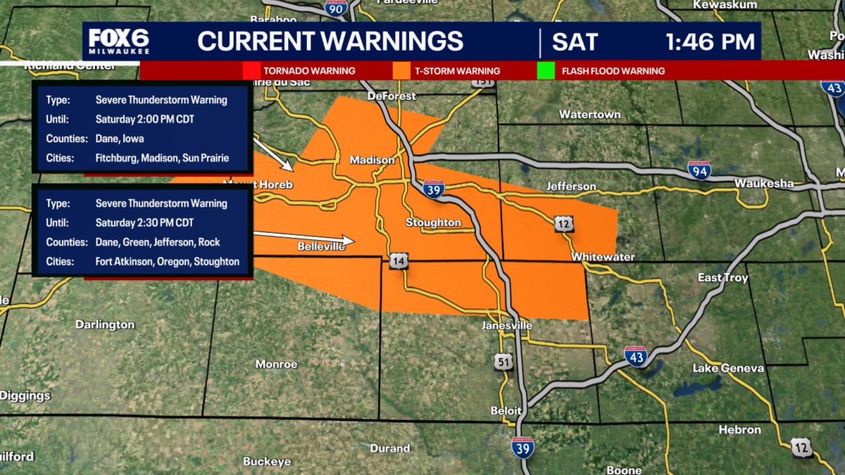 A Severe Thunderstorm Warning has been issued for parts of SE WI until 8/16 2:30PM. Make sure your cell phone emergency alerts are set to "ON." Tune into FOX6, Download the FOX6 Storm Center App &amp; FOX Local App for the latest information.