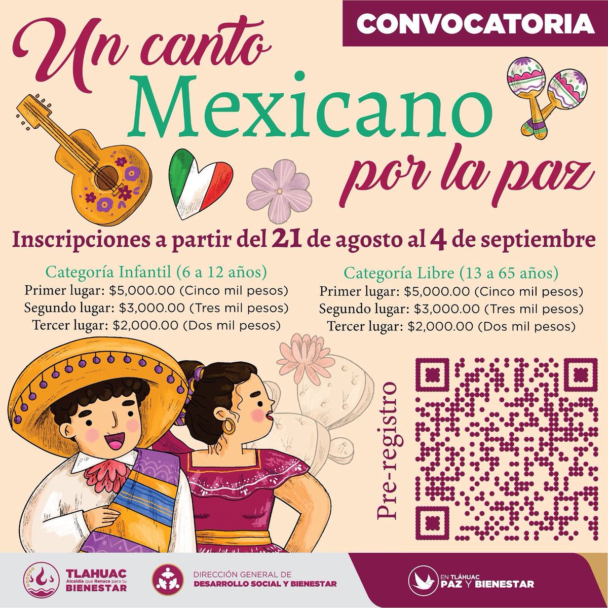 🎶🇲🇽 Convocatoria abierta: Un canto mexicano por la paz ✨

Si te apasiona cantar, esta es tu oportunidad 🎤💚
📅 Inscripciones del 21 de agosto al 4 de septiembre.

👉 Pre-regístrate escaneando el código QR
📄 Consulta las bases aquí:  tlahuac.cdmx.gob.mx/wp-content/upl…