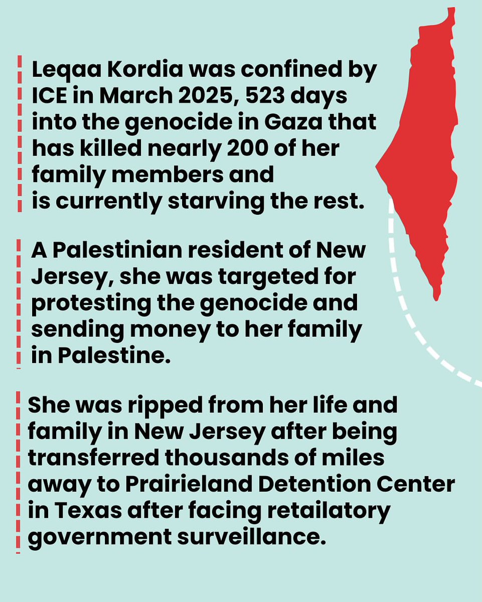 ColumbiaBDS's tweet photo. REPOST

Leqaa Kordia is a Palestinian woman from NJ who was arrested by ICE after protesting the genocide in Gaza, where over 200 of her family members have been killed since October 2023. She’s since been held at an ICE facility in Texas for over 156 days. We demand her release. https://t.co/F91a2nq1Z6