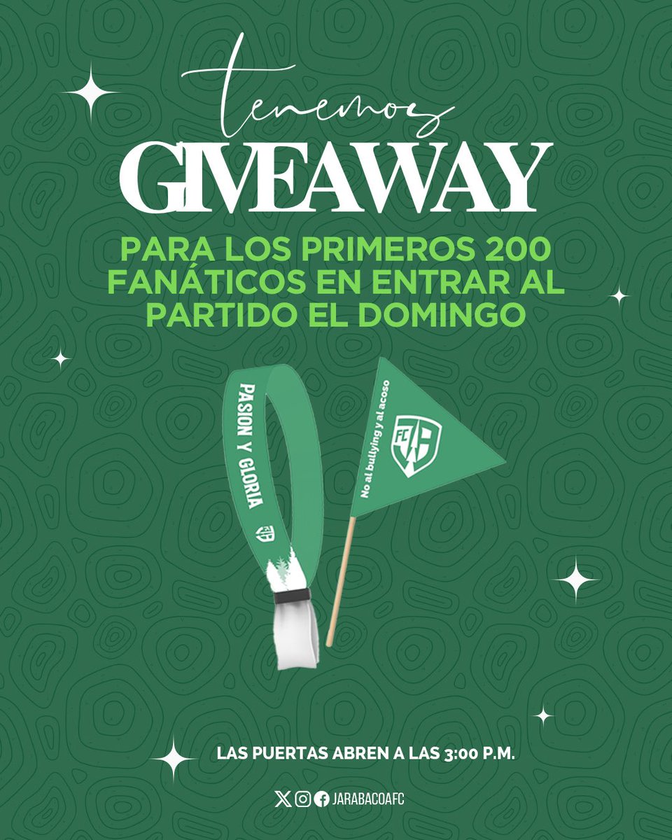 JarabacoaFC's tweet photo. ¡La montaña también regala pasión y gloria! 🎁😤
Los primeros 200 fanáticos en entrar al estadio este domingo recibirán artículos exclusivos💚 ¡no te quedes en casa y ven aprovecha!🤩🥳

¡Llega temprano, vive la experiencia y lleva tu regalo! ⚽🔥

#JarabacoaFC #LateDistinto https://t.co/PXrfEtTPks