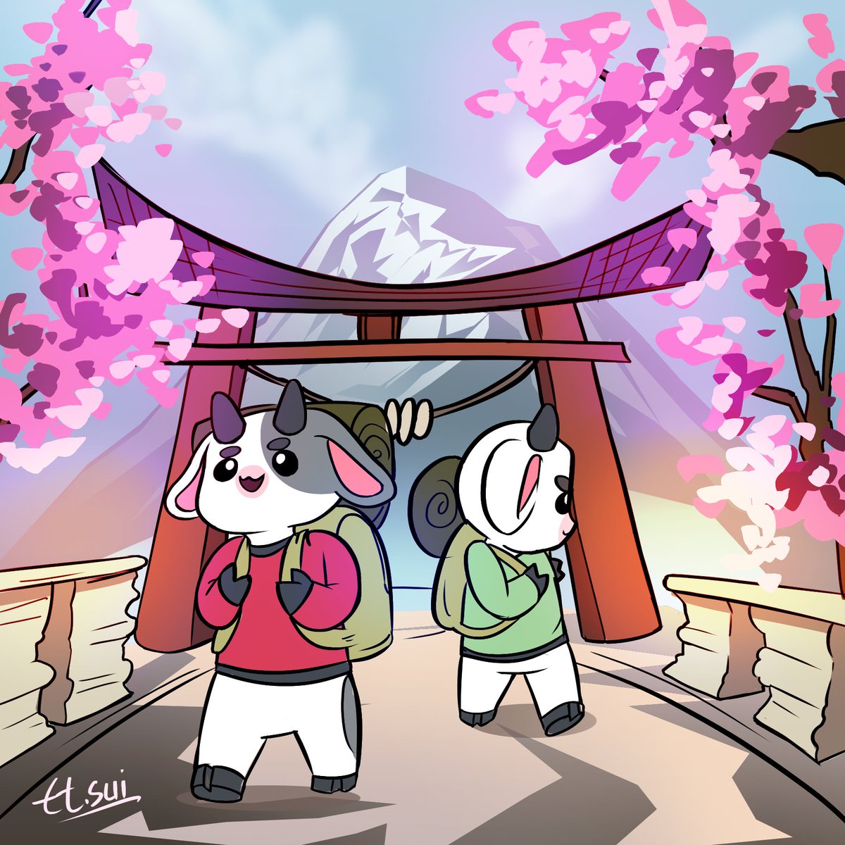 CryptoNYx3's tweet photo. In my life, I have a thought of going to Japan and traveling to the foothills of Mount Fuji, the view of those beautiful sakura trees, the atmosphere of the region is wonderful here, I wanted to draw as if I was traveling with my friend, I hope you like it. @lamumudotxyz https://t.co/EK3iXIukch