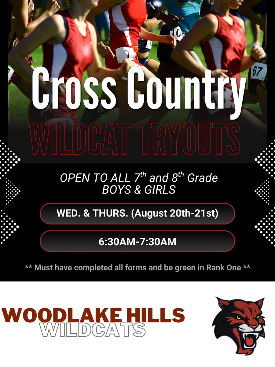 Wildcats, it’s time! 🐾
Cross Country tryouts → Aug 20–21 (Wed &amp; Thurs)
Run with PURPOSE. Run with HEART. Run with FAMILY. Come be apart of something great!!
Join us &amp; make this season unforgettable! 🏃🏽‍♂️💨
