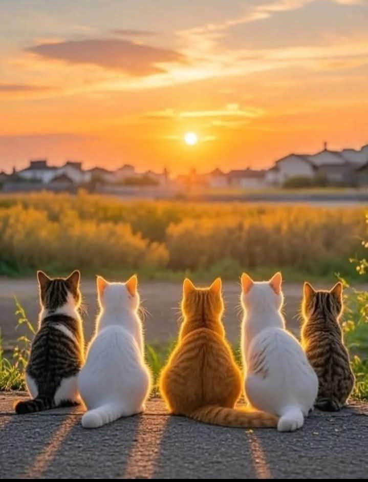 Five friends enjoying a beautiful sunset 
🐈‍⬛🐈🐱🐈🐈