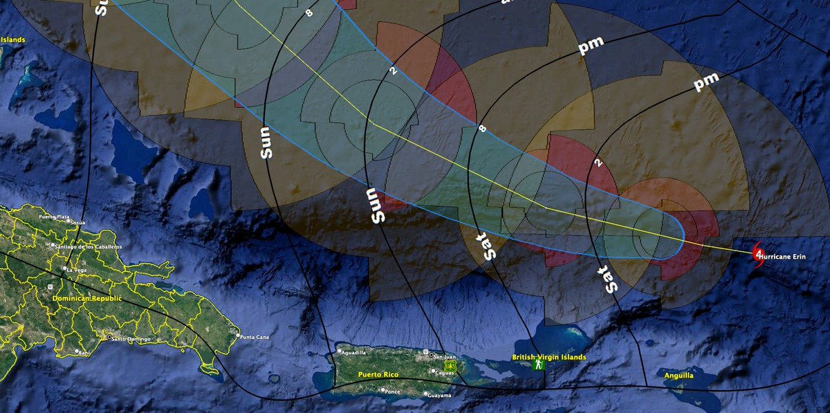 OJO! 🛑 El radio de vientos en la mitad sur del huracán ERIN parece estar un poco subestimado por el Best Track. Muchos otros instrumentos ponen el radio de vientos de tormenta a unas ~70 MN mientras que en el boletín del NHC se muestra con 40-50 MN. Ademas se espera que los