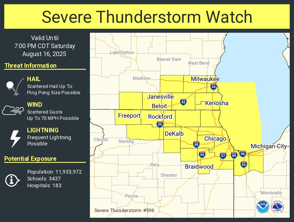 NWSMilwaukee's tweet photo. A severe thunderstorm watch has been issued for parts of Illinois, Indiana and Wisconsin until 7 PM CDT https://t.co/yPmMzpoHVZ