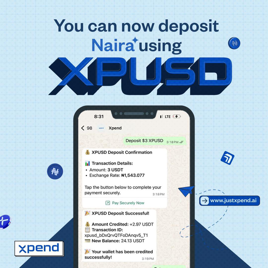 We’ve made XPEND now useable for non crypto holders😊 are you excited to try XPUSD?? 

Click on the link below and start using Xpend Naira deposit option 🥳🚀👇

wa.me/message/EORJCV…