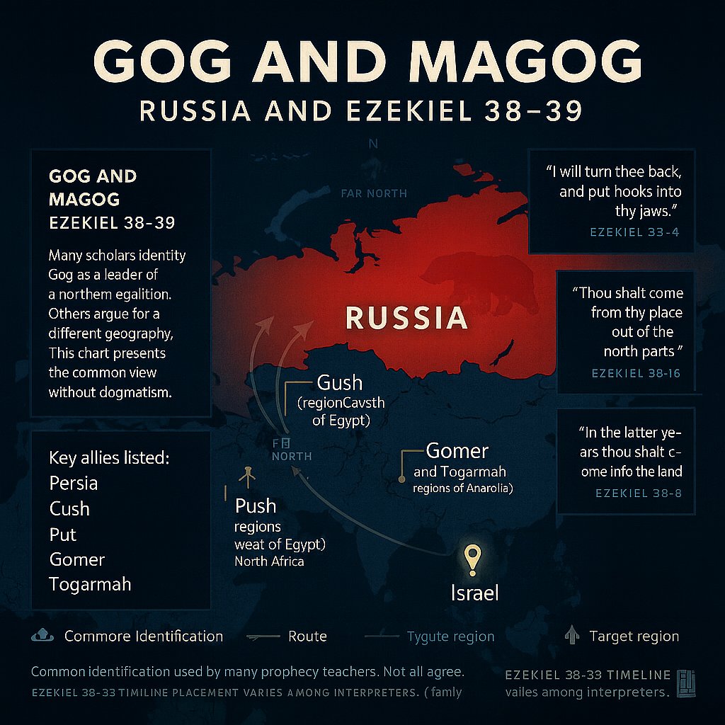 Who is Gog and Magog? RUSSIA? 

Ezekiel 38–39 predicts a coalition from the far north that would one day come against Israel. Many prophecy teachers connect this with Russia and its allies. Others suggest that this is a spirit or a person from history.

📖 “Thou shalt come from
