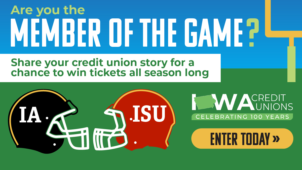 🏈 Are you the #CUMemberOfTheGame? 🏈

📣 Share your #GICU credit union story for a chance to win tickets to an Iowa🖤💛 or ISU ❤️💛 football game! 

Enter now at memberofthegame.com 
#IowaCreditUnions #GreaterTogether