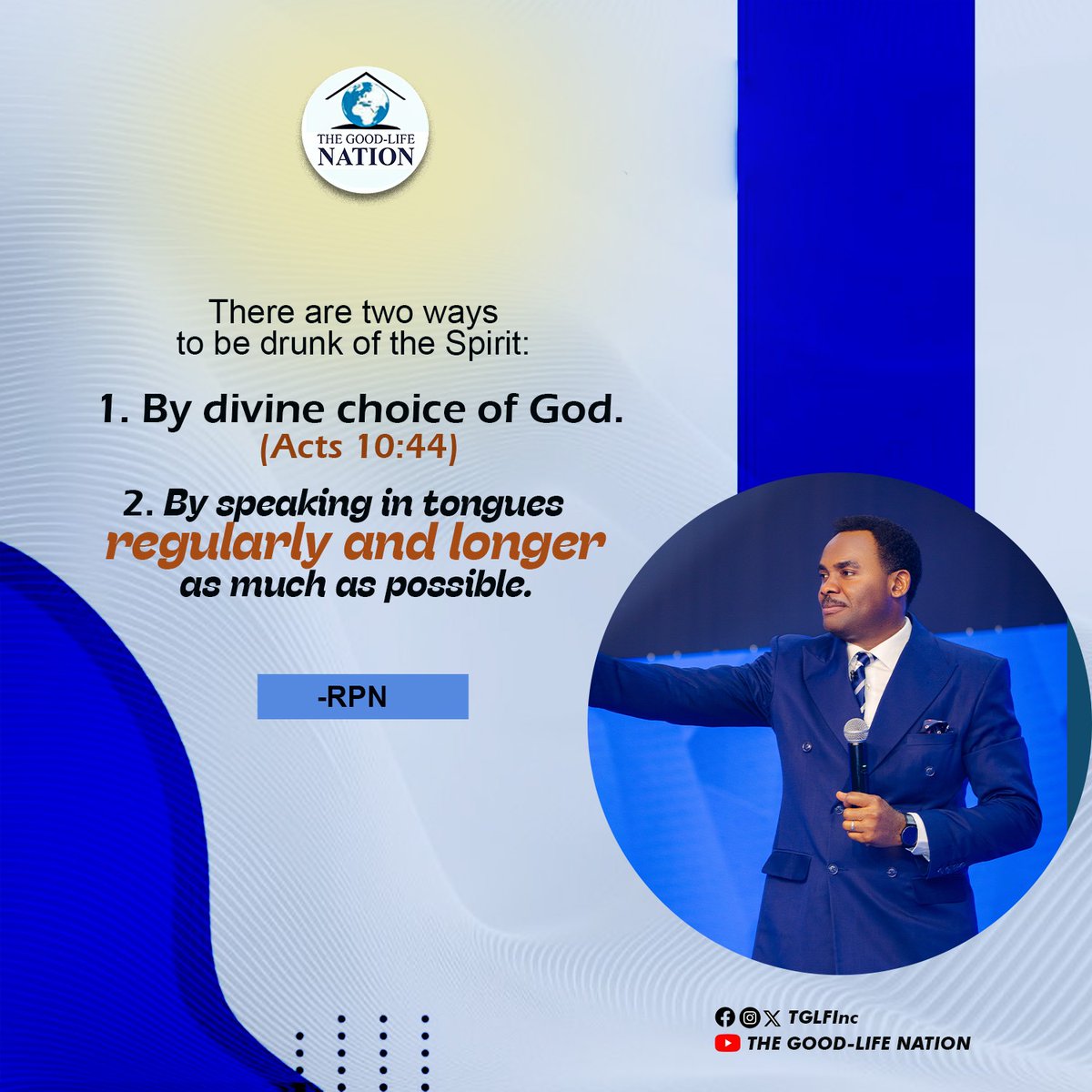 There are two ways to be drunk of the Spirit:
1. By divine choice of God. (Acts 10:44)
2. By speaking in tongues regularly and longer as much as possible. -RPN 

#RPN 

#APeopleCome