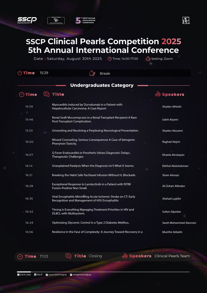 SSCP_KSA's tweet photo. 🚨 Congratulations to the winners of Round 1 in the SSCP Clinical Pearls Competition 2025!

Join us online on August 30 | 14:00–17:00 (KSA) to witness the winners of Round 1 competing for a spot in Round 2. 🔥

✨ Don’t miss the excitement—be part of the challenge!

#Clinical_Pearls #SSCP25