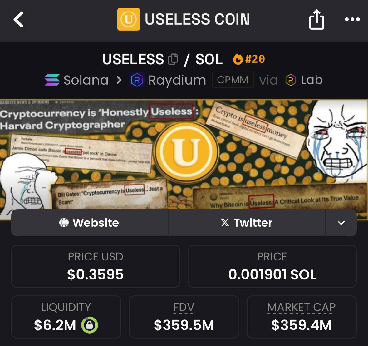 ColdChieff's tweet photo. They called crypto “useless.”

Now $USELESS is sitting at a $359M market cap. 😂 https://t.co/5UYxMH906T