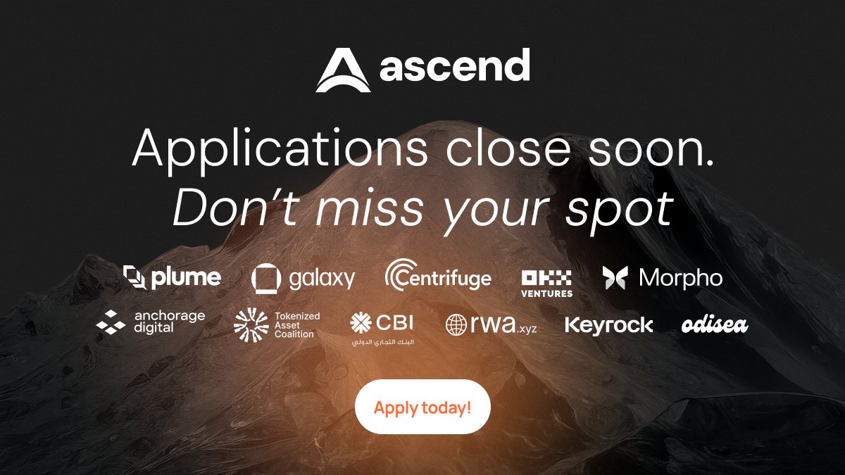 Only a couple days left to apply for Ascend, the accelerator built for  serious RWA builders, backed by some of the biggest names in the space.  Applications close Aug 18 → https://t.co/T4Jlf2KF5T