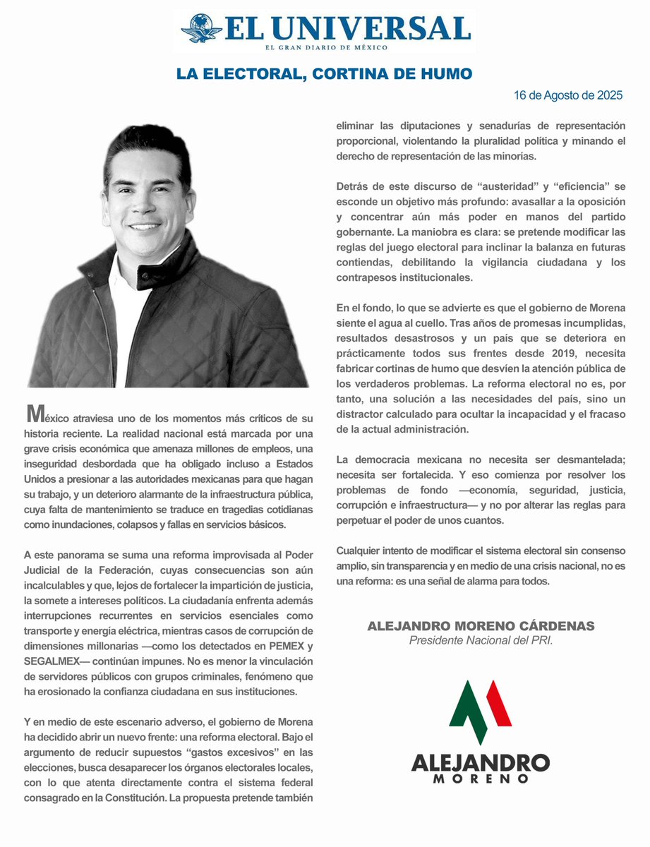 El gobierno de Morena ha decidido abrir un nuevo frente: una reforma electoral. La maniobra es clara, se pretende modificar las reglas del juego para inclinar la balanza en futuras contiendas, debilitando la vigilancia ciudadana y los contrapesos institucionales.

Cualquier