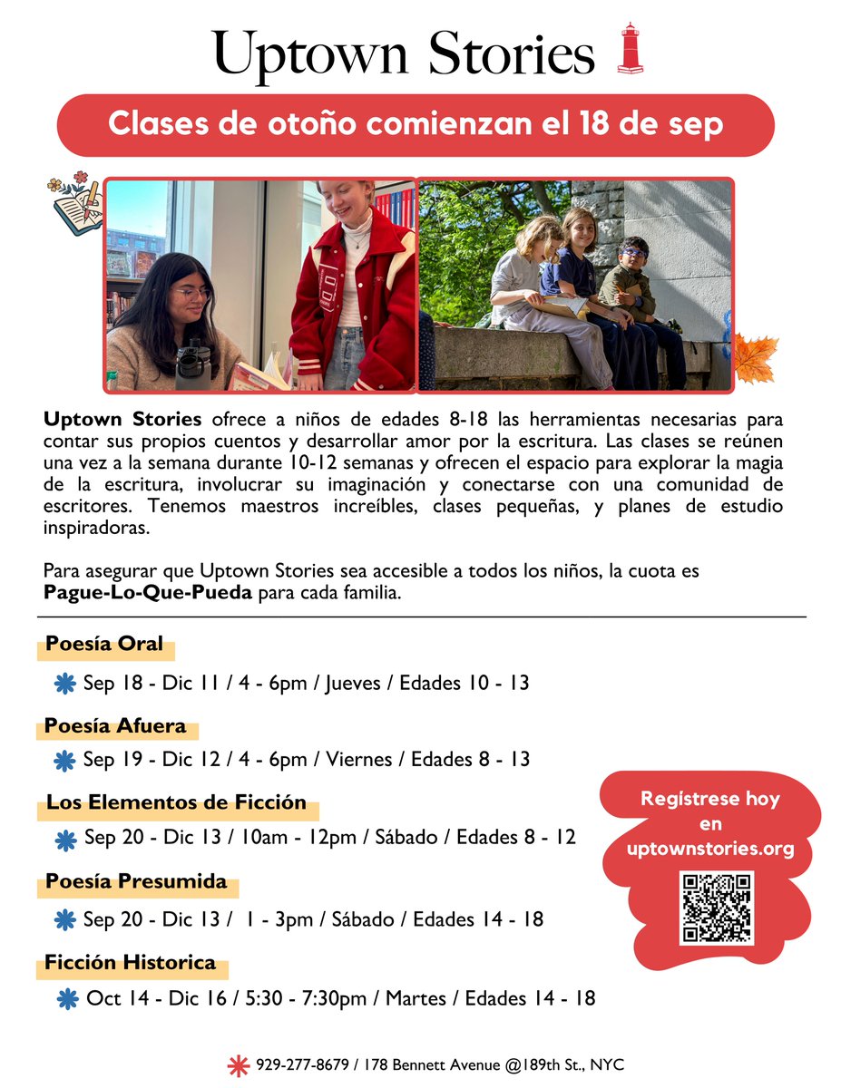 New fall workshops from the spectacular Uptown Stories! These are great afterschool writing programs and bonding spaces for Uptown kids 📷 All pay-what-you-can!

uptownstories.org/workshops