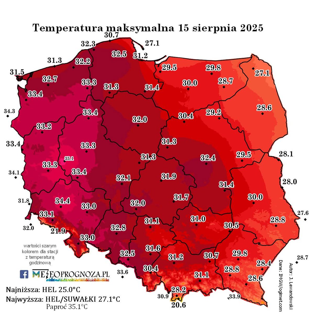 Wczorajsze temperatury maksymalne.