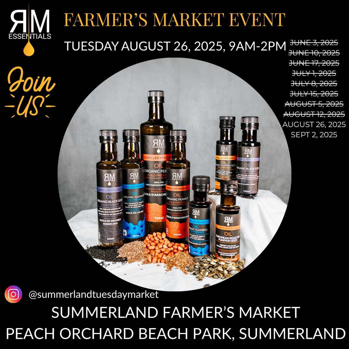 rm_essentials's tweet photo. Just a quick update for anyone planning to see us in Summerland. We’ve had to shift our market date from August 19 to August 26 due to a scheduling conflict.

Same location, same hours: Peach Orchard Beach Park from 9AM to 2PM.

Looking forward to seeing you then! https://t.co/11UuZDR5RO