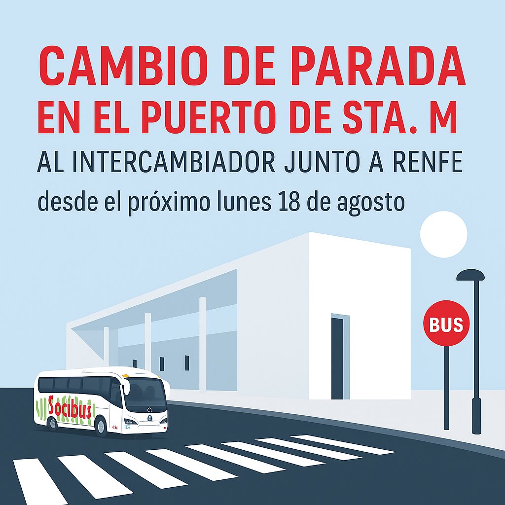 📢 Desde este lunes 18, todas las líneas regulares de Socibus desde El Puerto de Sta. Mª. hacia #Córdoba, #Madrid, Manzanares, %Burgos, #PaísVasco y más, pararán en el nuevo intercambiador junto a la estación de Renfe. 🚌 #ElPuerto #Socibus