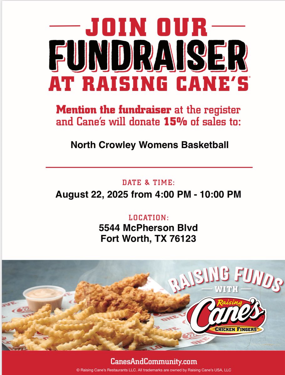 LookAtNumber2's tweet image. 🏀🍗 Hoops + Cane’s = Win-Win
Aug 22 | 4–10 PM
📍 5544 McPherson Blvd, Fort Worth

Say “North Crowley Women’s Basketball” at the register &amp;amp; 15% goes to the team! 💙

#GoCrowley #SupportLocalAthletes #Fundraiser
@NoCroWBB