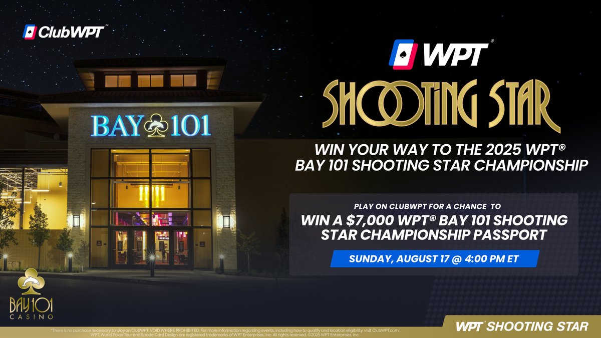 ClubWPT (@clubwpt) on Twitter photo Get ready for poker’s legendary event - the WPT® Bay 101 Shooting Star Championship is back!
Play for a chance to win a $7,000 WPT® Passport to the iconic <a href="/WPT/">World Poker Tour</a> <a href="/Bay101Casino/">Bay101 Casino</a> Shooting Star Championship in San Jose, CA, running Oct. 24–28, 2025.*
Jump into the action this weekend Get ready for poker’s legendary event - the WPT® Bay 101 Shooting Star Championship is back!
Play for a chance to win a $7,000 WPT® Passport to the iconic <a href="/WPT/">World Poker Tour</a> <a href="/Bay101Casino/">Bay101 Casino</a> Shooting Star Championship in San Jose, CA, running Oct. 24–28, 2025.*
Jump into the action this weekend