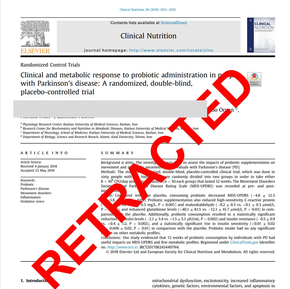 Mu Yang, Ph.D. (@mumumouse2) on Twitter photo RETRACTION of a study on effects of probiotics inn Parkinson's. I flagged it last year. 
Cited 426 times  pubpeer.com/publications/F… RETRACTION of a study on effects of probiotics inn Parkinson's. I flagged it last year. 
Cited 426 times  pubpeer.com/publications/F…